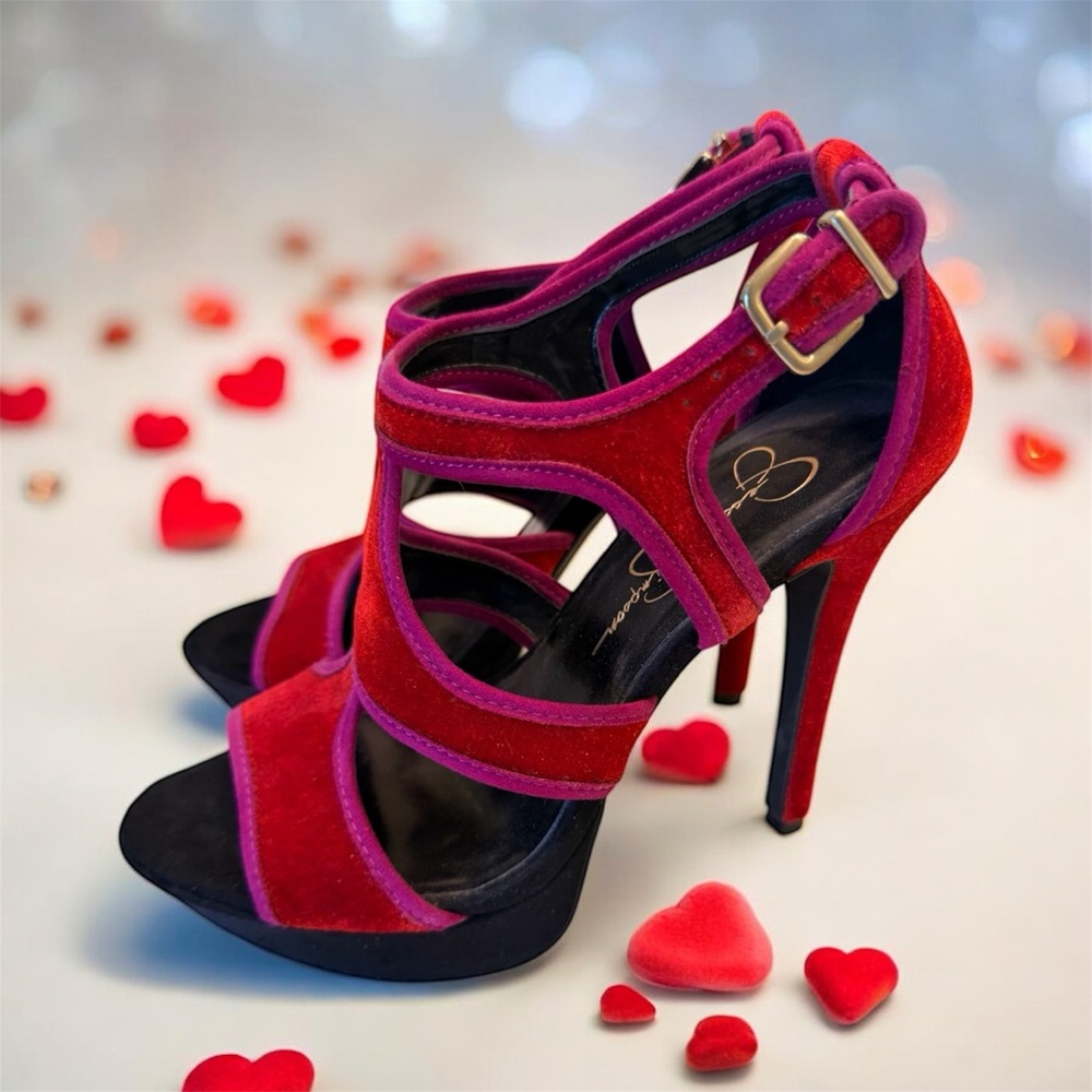 Jessica Simpson BRUNO Very Red Velvet Platforms Strappy Heels Shoes, 7M - Picture 1 of 12